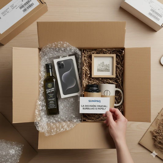 Caja de envío con productos de e-commerce usando poliburbuja y relleno de papel Kraft.